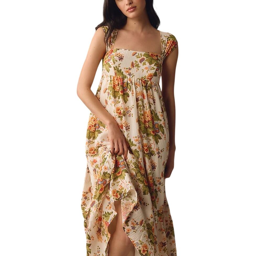 Anthropologie Floral Orange Square-Neck Maxi Dress Size XS